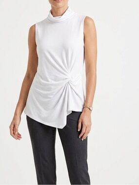 DKNY Asymmetrical Knot Mock Cowl Neck Sleeveless Tank Top Off-White Ivory Cream